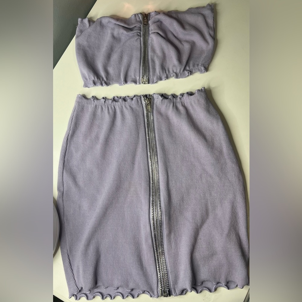 Purple zipper crop top with matching zipper skirt